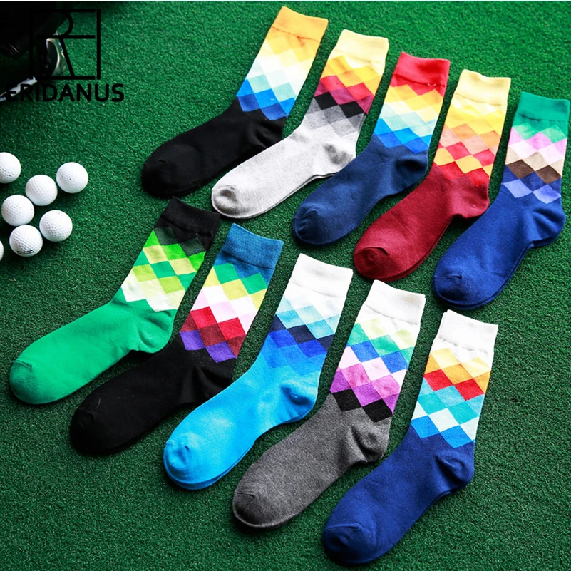 

New Men Sock Thick Male Rhombus Print Super Quality Business Casual Warm Breathable Long Cotton Socks Mens 10 Colors M456