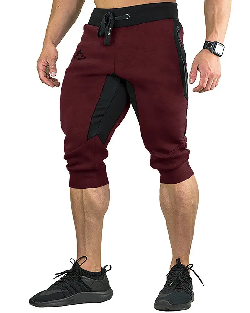 Wine red Новые мужские летние хлопковые повседневные шорты 3/4 шорты для бега тонкие спортивные шорты ниже колена шорты для фитнеса и бега-с - Цвет: Wine red