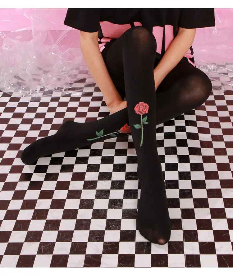 Rose Harajuku Tattoo Print Pantyhose Vintage Black Autumn | Женская одежда