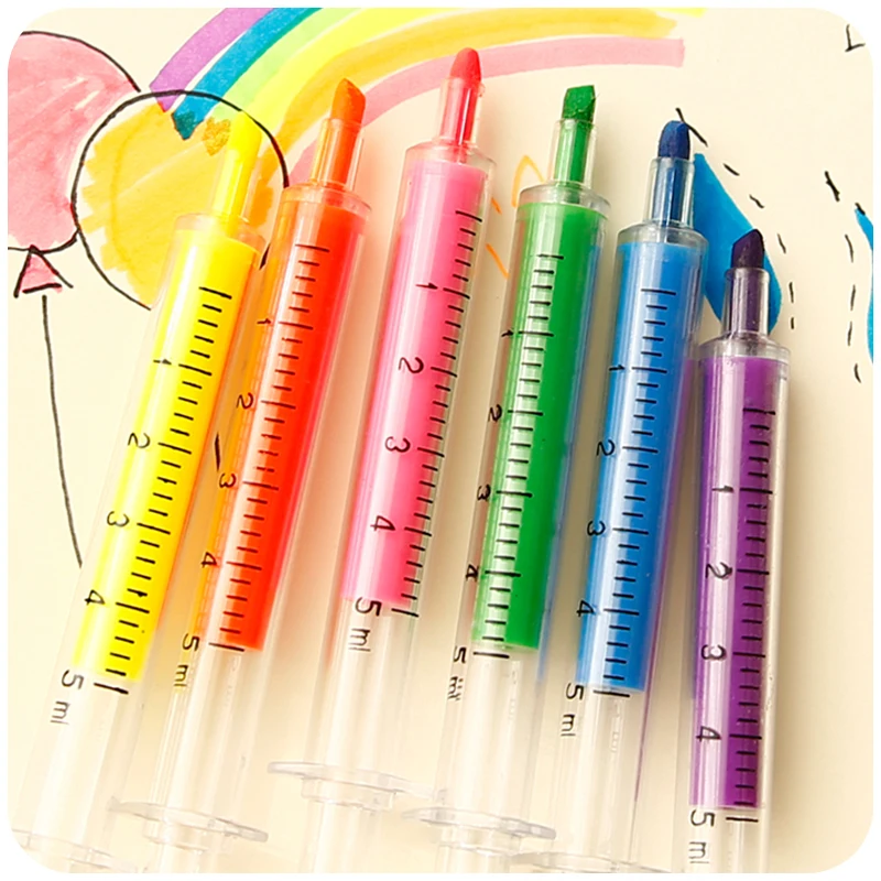 

6 color/Lot Syring Highlighter marker Fluorescent pen Neon Syringe Stationery Office School supplies caneta seringa 6251