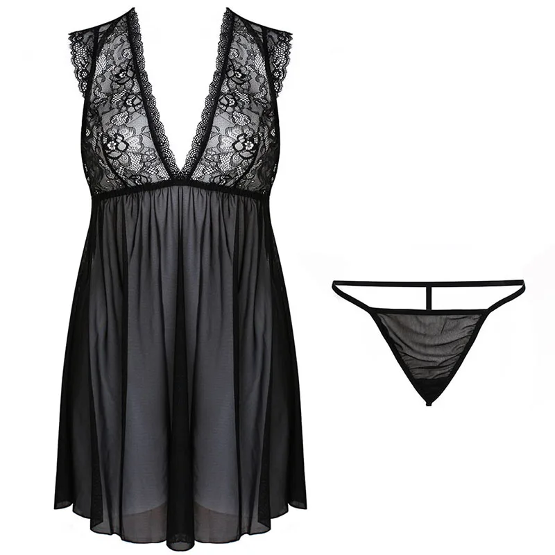 Для женщин Sexy Глубокий V шеи белье Babydoll пижамы нижнее кружевное пальто ночное