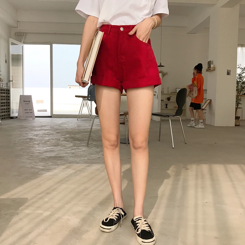 PLAMTEE одноцветное Цвет красный свернувшись Джинсовые шорты для Для женщин Мода 2018