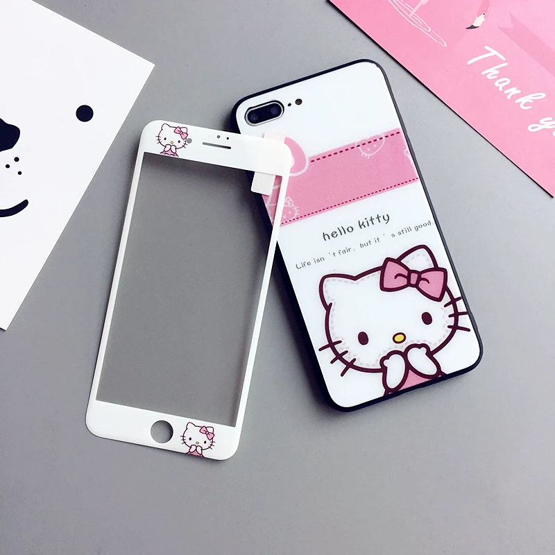 Стеклянная задняя чехол для iPhone 8 plus kitty + протектор экрана мультфильм Милый Котик