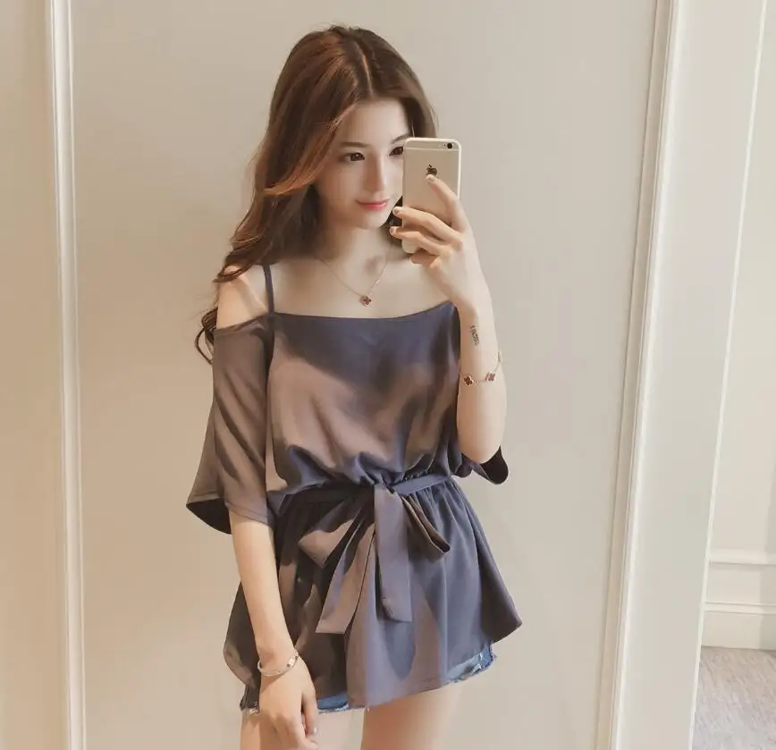 

Spring and Summer Women's Chiffon Shirt Slash neck Off Shoulder Top Sexy Sling Student Top Female Blouses Plus size