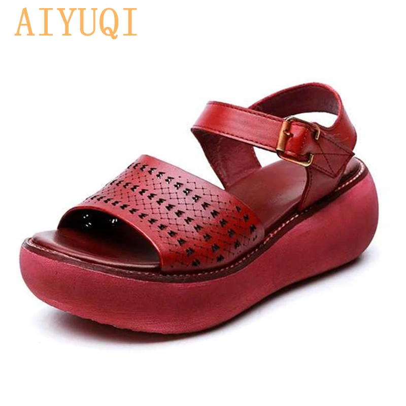 AIYUQI/женские босоножки на платформе; Туфли на танкетке; Новинка года; женские босоножки из натуральной кожи с открытым носком в стиле ретро; женская летняя обувь
