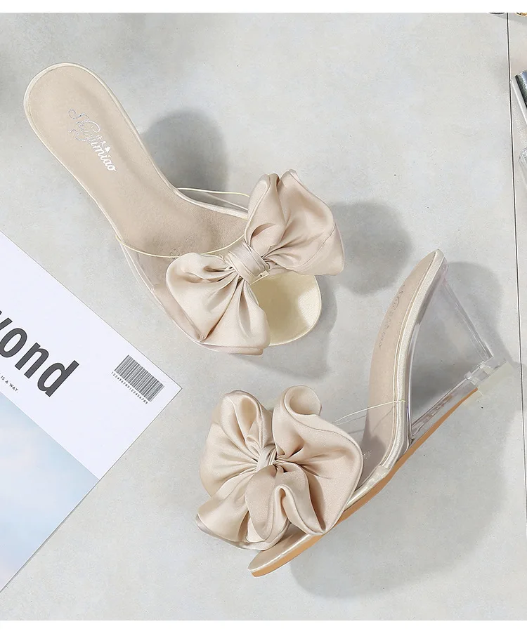 Butterfly-knot High Heel Sandals Women Summer Flower Crystal Shoes Lad Transparent Heels Peep Toe Wedges Ladies Sexy Sweet Shoes