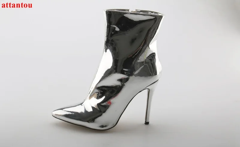 

woman short boots Special silver boot 2017 new fashion pointed toe glaze surface boots party dress shoes ankle boot for female
