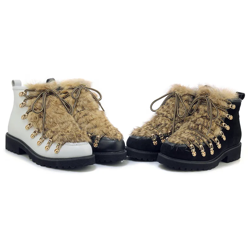 Stylesowner/Новинка года; ботинки в стиле панк на шнуровке из натуральной кожи с кроличьим мехом; ботильоны на платформе с толстой подошвой в байкерском стиле; черная обувь с металлическим украшением