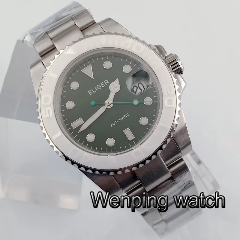Bliger 40 мм сапфировое стекло зеленый циферблат керамический ободок матовый