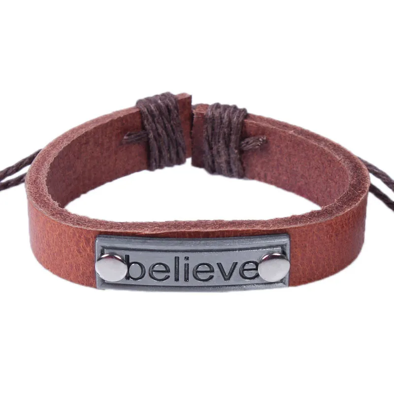 Believe кожаный браслет для мужчин и женщин серебряный шарм пеньковый плетеный шнур