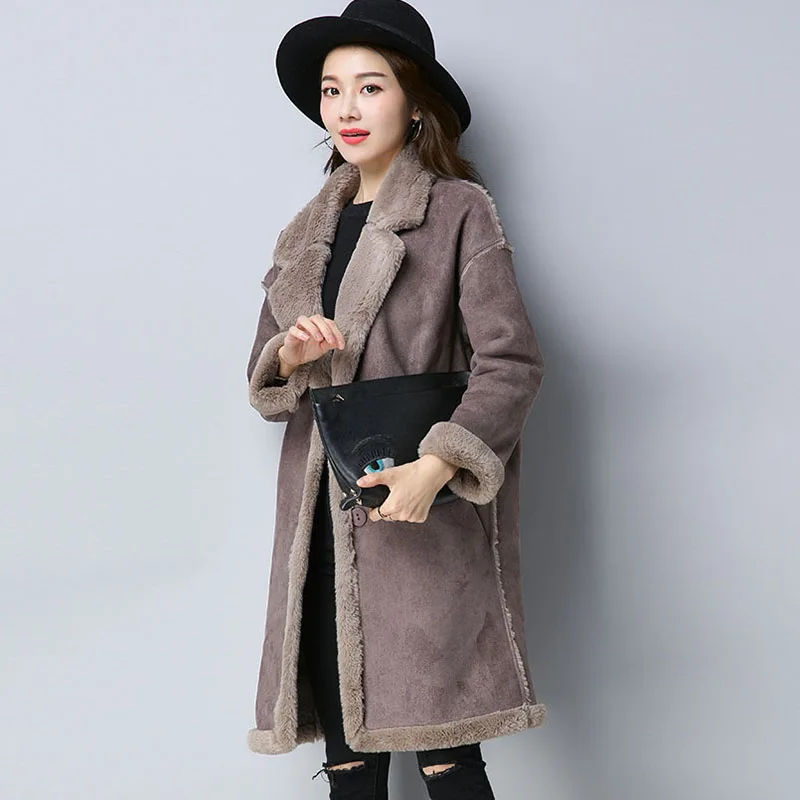 2017 зимнее замшевое кожаное пальто женская длинная замшевая куртка с лацканами