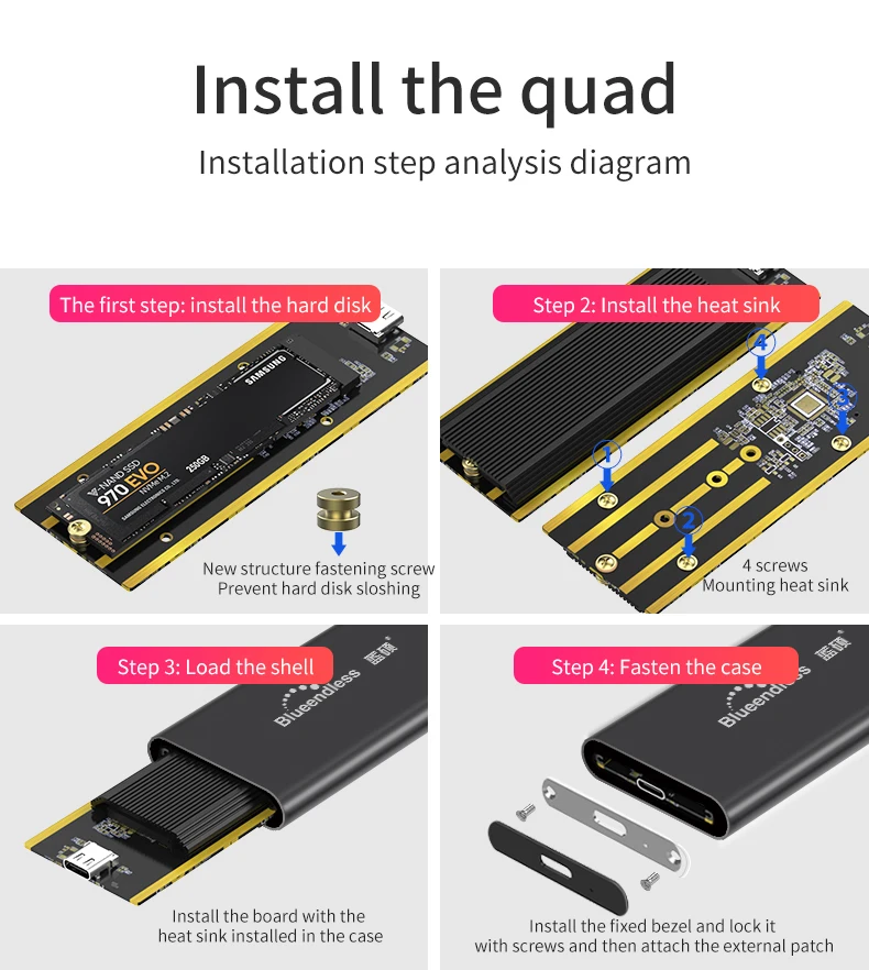 Blueendless PCle NVME M.2 портативный ssd жесткий диск чехлы type c usb 3 0 msata Корпус черный