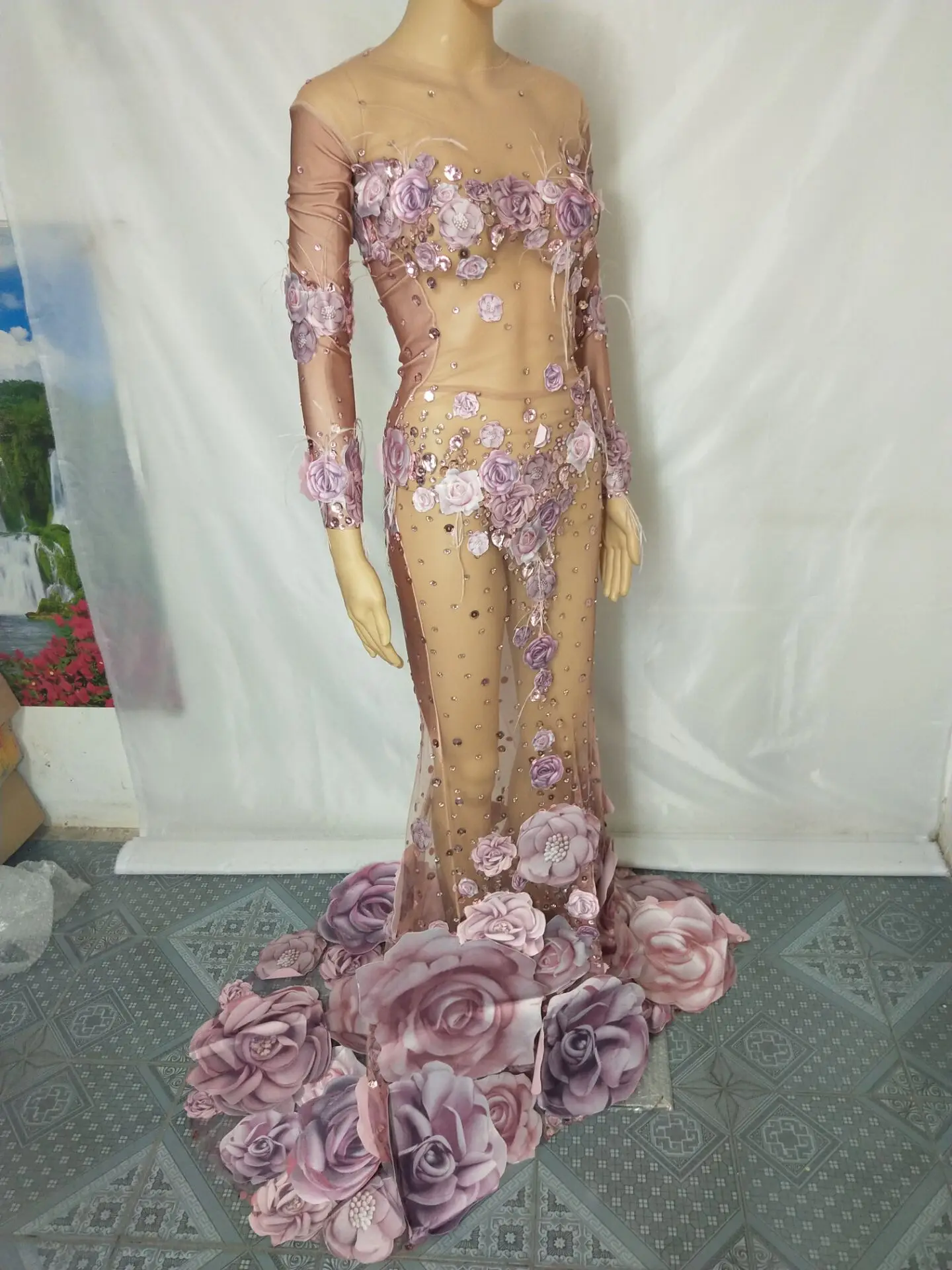 Сексуальное прозрачное Сетчатое длинное платье с розово фиолетовыми цветами и