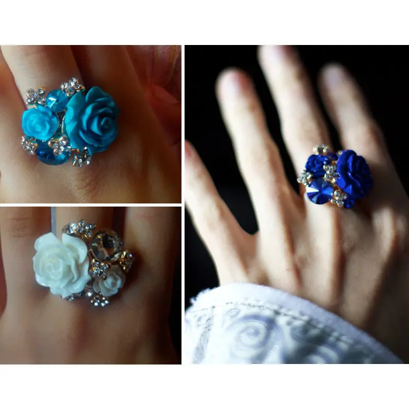 Кольцо женское регулируемое с большим кристаллом и розовым цветком|ring gold|gold colorbig