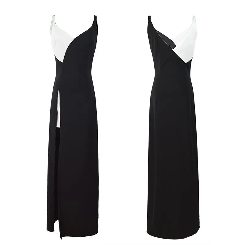 

Long Dress Women Sexy V Neck Cotton Gowns Black White Patchwork Backless Formal Dresses Ladies Formal Party Evening Vestidos