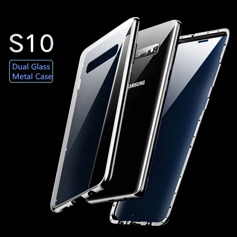 

R-just Магнитный поглощающий флип-чехол для телефона Samsung S10 S10 + магнитные металлические Чехлы переднее закаленное стекло задняя крышка для S10 ...