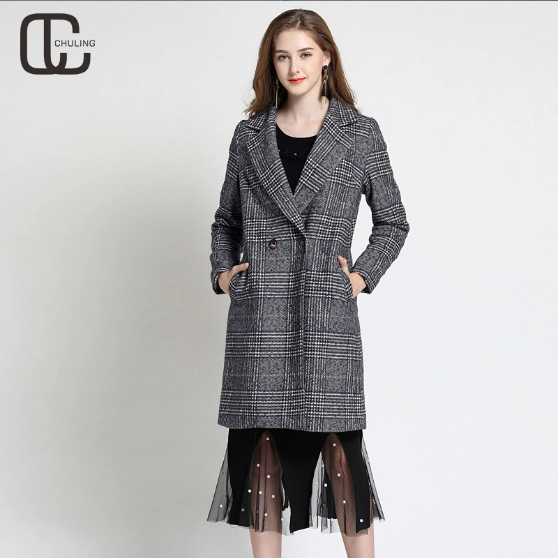 Зимние элегантные плюс размеры для женщин серый плед шерстяное длинное пальто