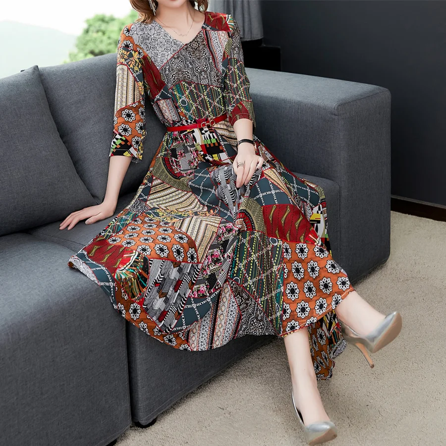2019 Korean Summer New Beach Midi Dresses Plus Size Vintage Print Boho Maxi Sundress Women Bodycon Short Sleeve Party Vestidos | Женская