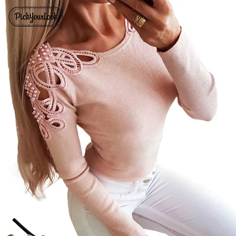 Розовый Pickyourlook трикотажные топы для женщин свитер выдалбливают осень жемчуг женский джемпер Трикотаж с длинным рукавом сплошной Дамы Трикотаж Blusas - Цвет: Розовый