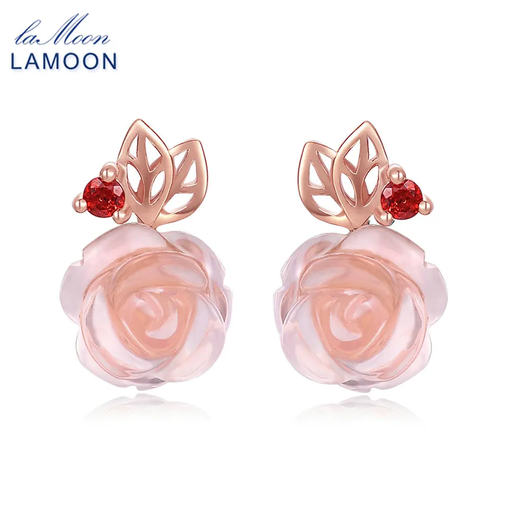 Женские серьги гвоздики с цветком розы из розового кварца ювелирное изделие