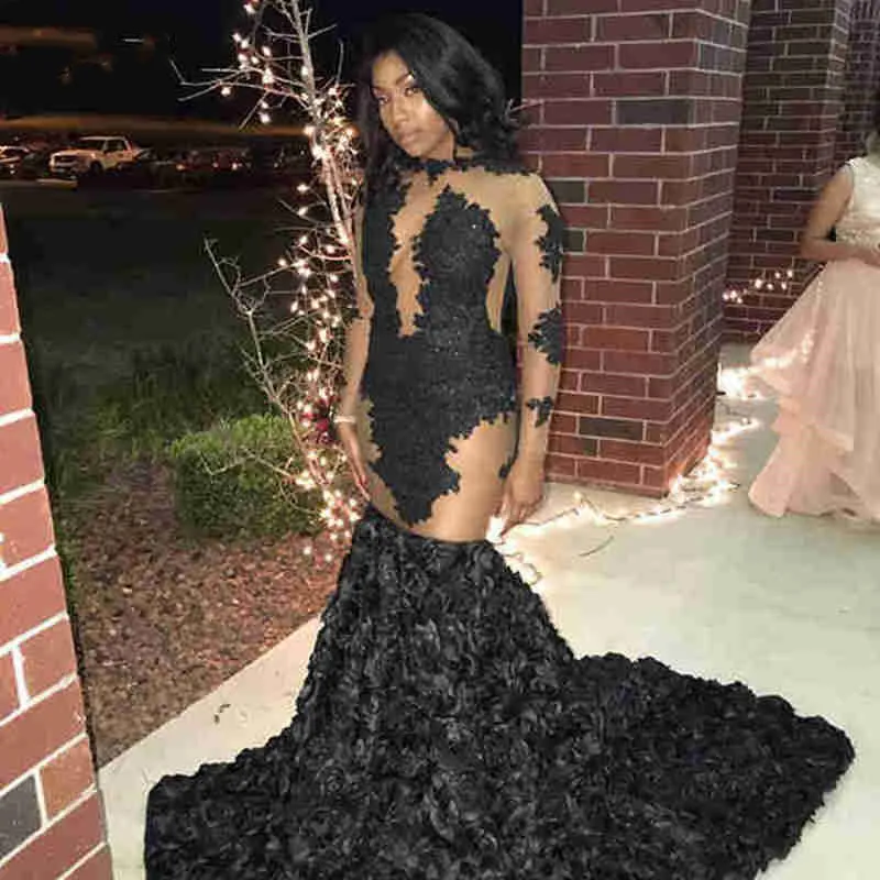 Sexy Prom Dress Black 2019 Mermaid Long Sleeves Flowers Lace African Black Girls Graduation Dress Formal Evening Party Gowns
