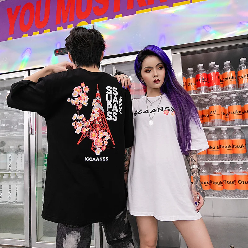 Женская футболка с коротким рукавом Harajuku цветочным принтом 2019 летняя