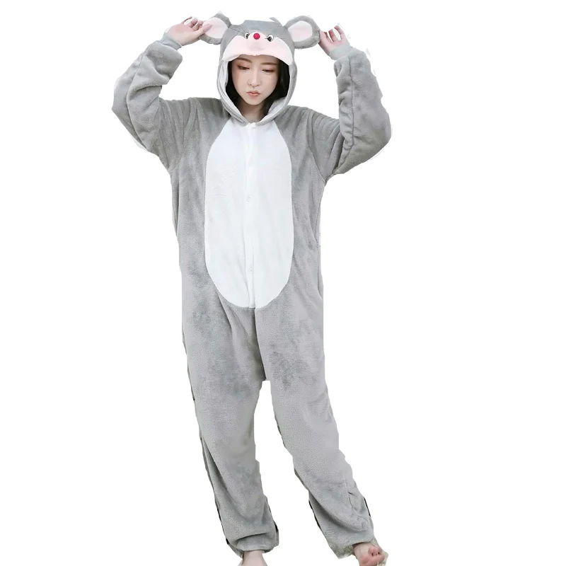 Серая мышь кигуруми Onesie животных взрослых фланелевые женские пижамы Вечерние
