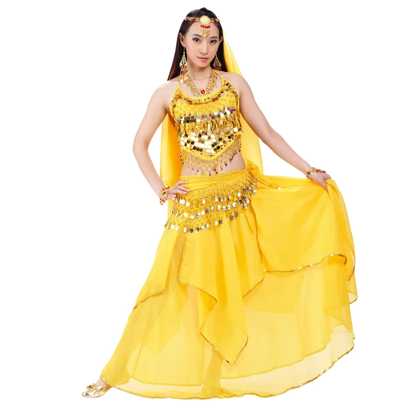 Yellow Взрослый Индийский танец живота набор 5-pieces танец живота топ+ вуаль+ юбка+ поясная цепочка+ головной убор Индийский Болливуд танец представление набор - Цвет: Yellow