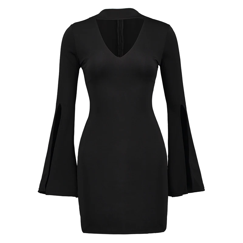 Женские пикантные платье 2018 весна сплошной черный v-образным вырезом Тонкий
