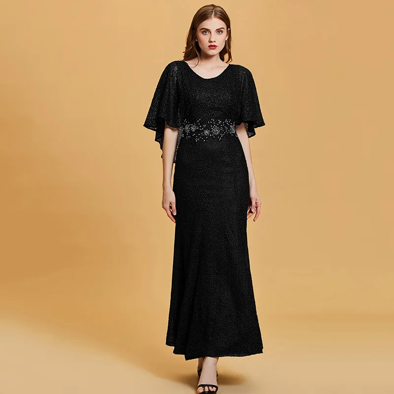 Длинное темно синее вечернее платье Dressv недорогое с глубоким вырезом и бисером