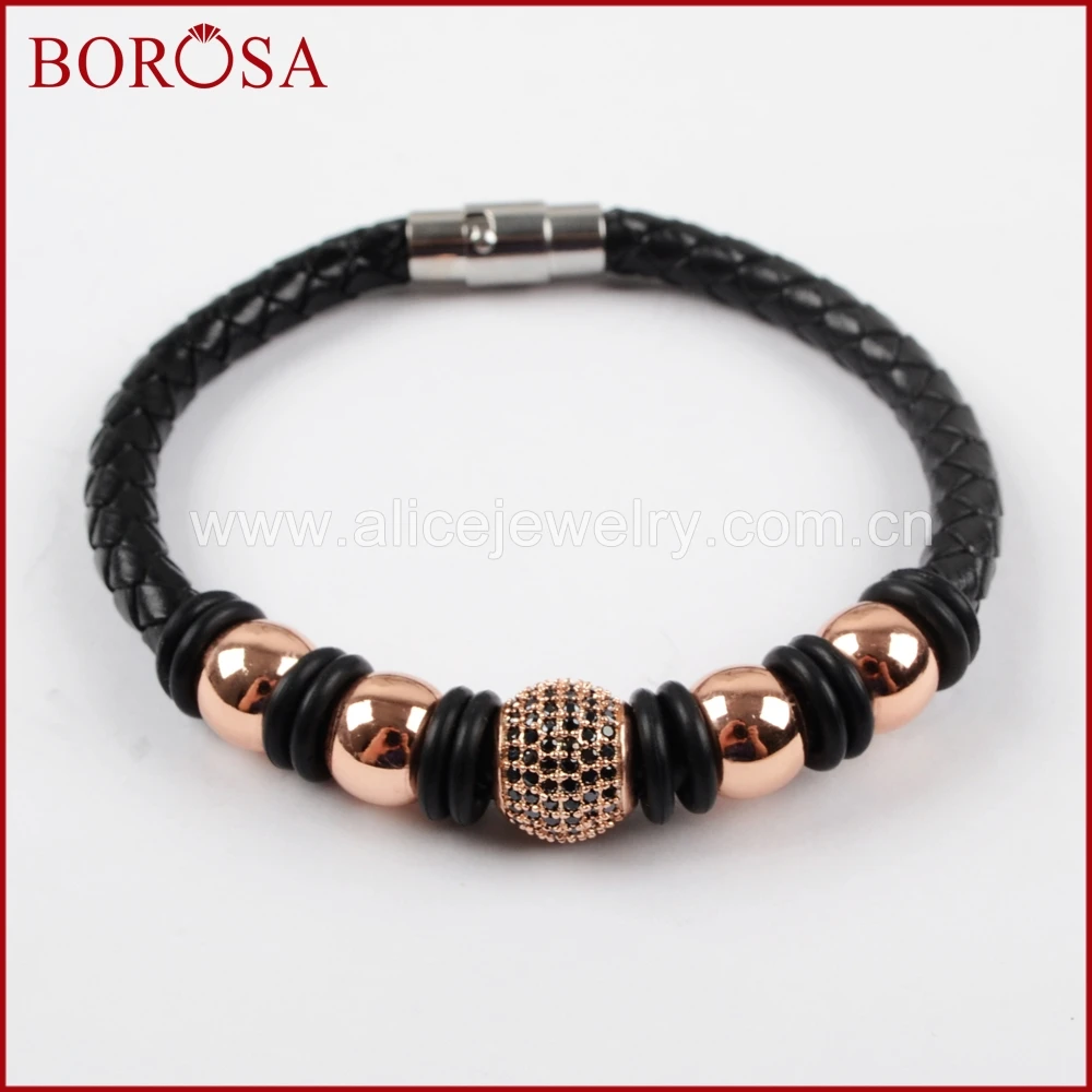 BOROSA Натуральной Черной Кожи Micro Pave CZ Кристалл Медь Браслеты магнит браслет пряжки