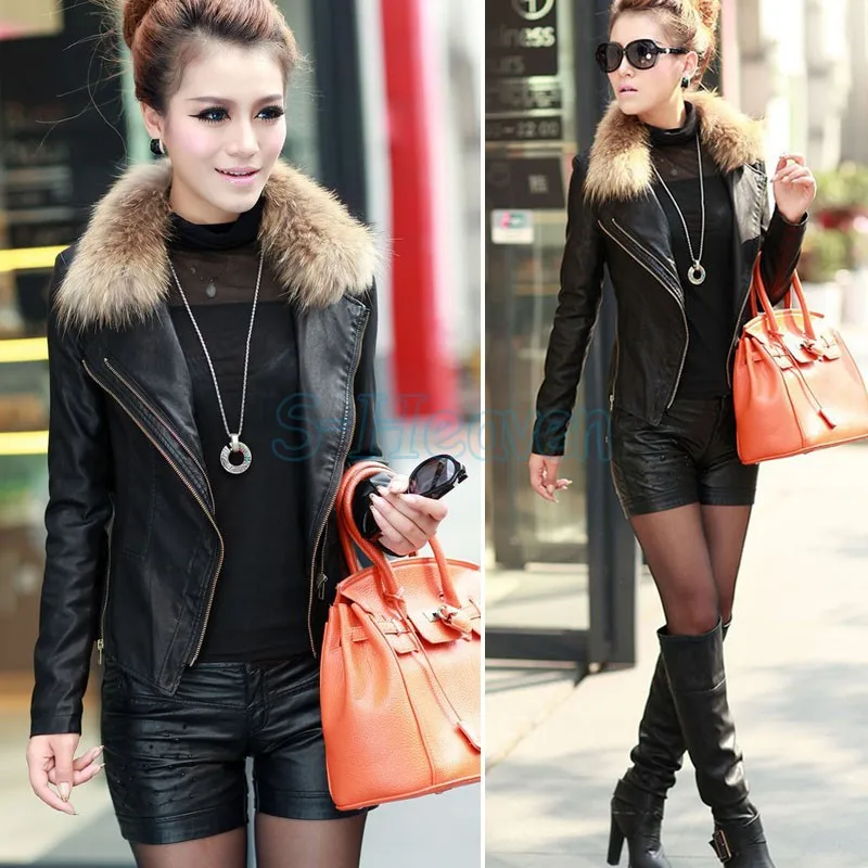 Полиуретан кожа куртка с реальным мех воротник женщины приталенный мотоцикл