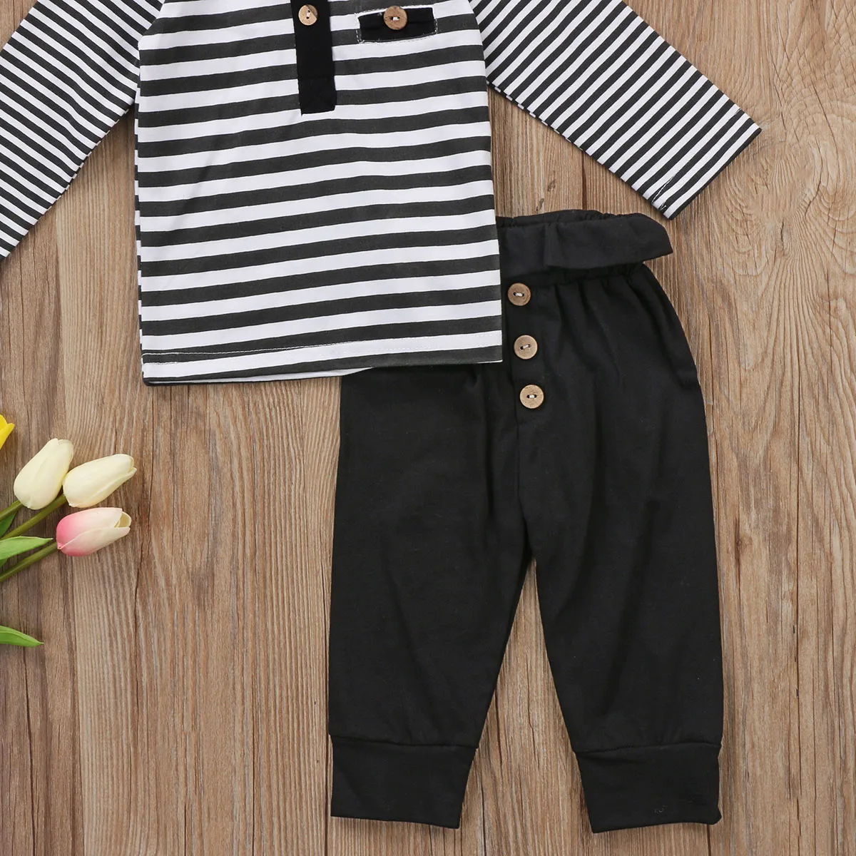 2017 Cute 2PCS Newborn Kids Baby girl T-shirt Striped Tops+Long Black Button Pants Outfits Gray Set Casual Tracksuit 0-24M |