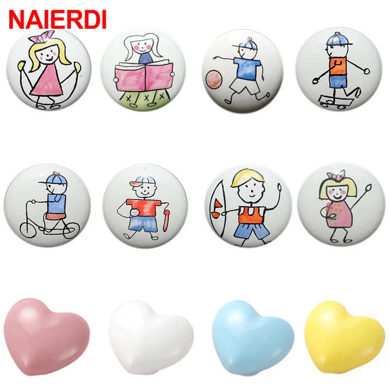 NAIERDI Children Room Ceramic Single Round Wardrobe Handle Kitchen Garden Door Handle Cabinet Handle Cartoon Furniture Handles