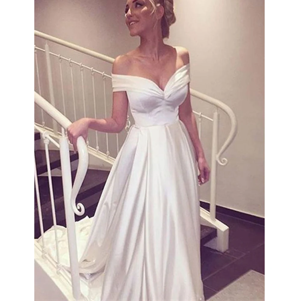 Simple 2019 New Arrival vestidos de novia Wedding Dress Pleat Draped Off shoulder Lustrous Satin Dresses | Свадьбы и торжества