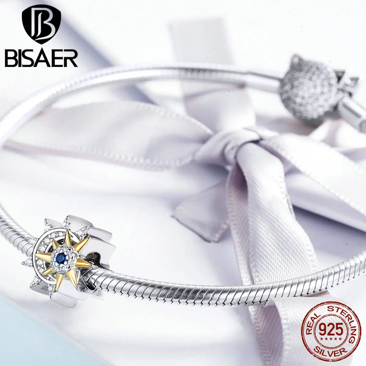 BISAER, 925 пробы, серебряные подвески солнце и луна, прозрачные CZ циркониевые бусины с планетой, подходят для браслетов, сделай сам, 925 серебряные ювелирные изделия ECC1137