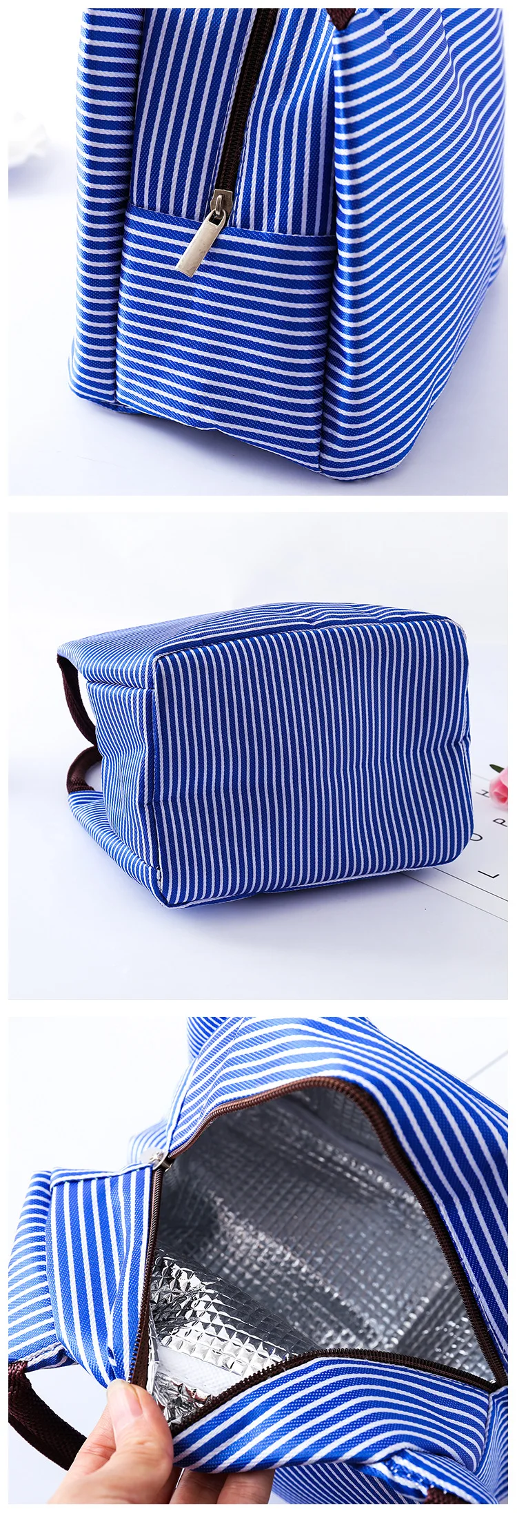 Waterproof Canvas Insulated Lunch Bag Aluminum Foil Stripe Handbags Food Storage Cooler Ice Bag Unisex Portable Lunch Box Tote