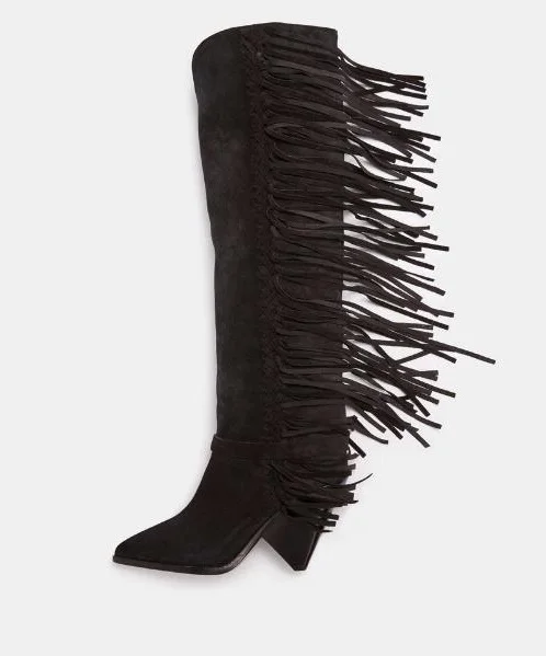 

new designer black suede runway boots hoof heels fringe women winter boots 2018 pointed toe low heels tassel knee high boots