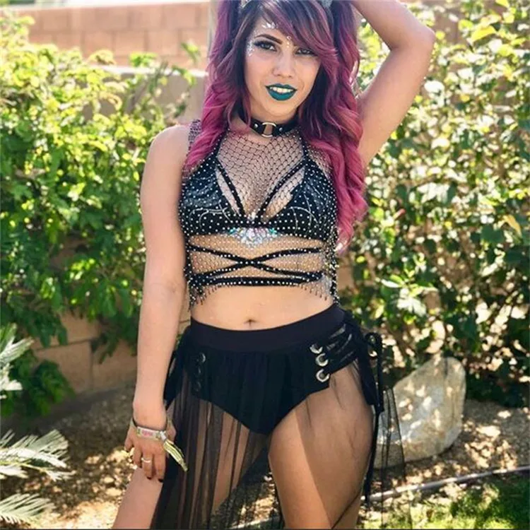 Горный хрусталь майка сетка короткий топ сексуальный белый черный танк уличная