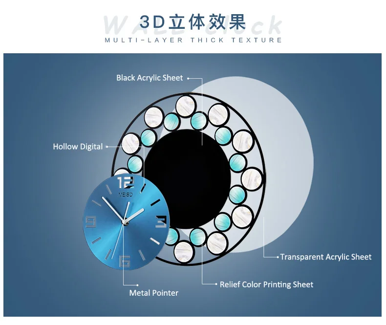 Fashion MEISD 3D Round Wall Clock Modern Design Creative Large Silent Wall Watch Home Decor Colorful Hanging Clocks Free Shining