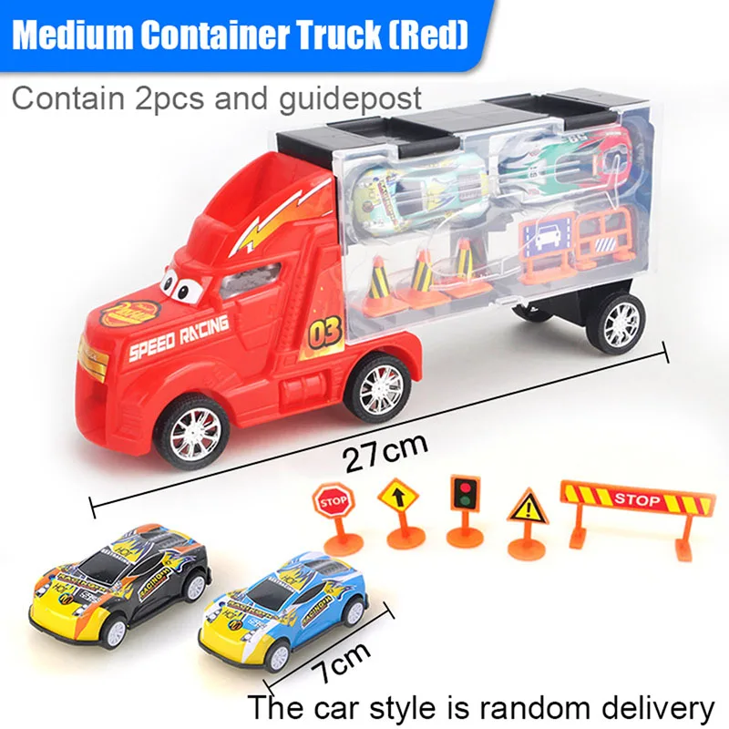 Red truck 2 cars 1/24 масштабный контейнер для хранения, грузовик, пластиковые транспортные средства, игрушки с литой под давлением мини-автомобиль, горячие Литые Автомобильные колеса, волшебные треки, машины для детей - Цвет: Red truck 2 cars