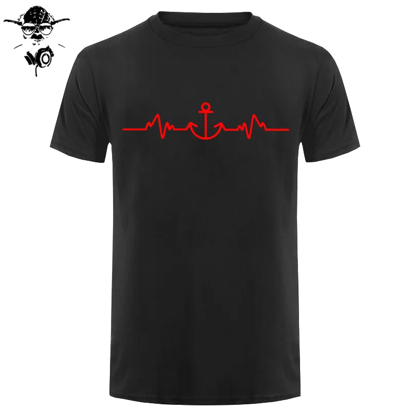 Sailinger Anchor Pulse Heartheat Футболка-Yacht Sail Tee Забавный подарок на день рождения Футболка с принтом Мужская брендовая футболка Новинка - Цвет: black red