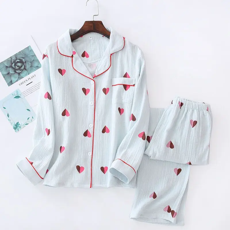 Женский пижамный комплект из 2 предметов топ с отворотом и длинные штаны принтом