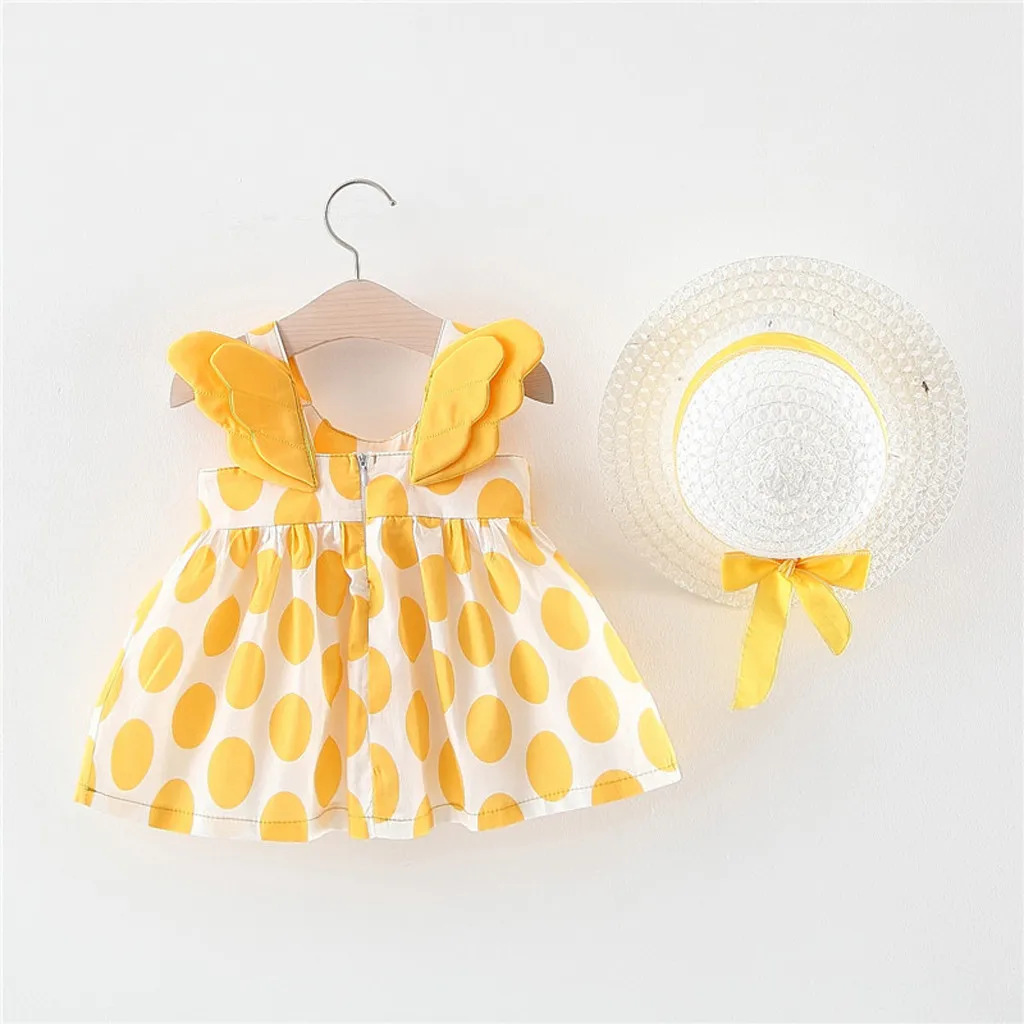 Baby Dresses Summer Girls Dot Sleeveless Print Bowknot Princess Dress Cute 3D Wing Clothes 1-3Y Send Hat | Детская одежда и обувь
