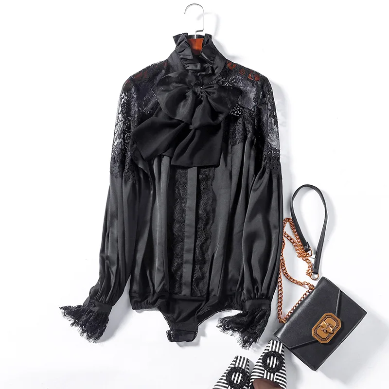 Женская кружевная блузка с бантом элегантная рубашка длинным рукавом офисная