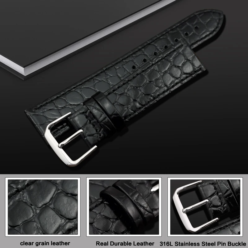 MAIKES Watch Accessories Genuine Leather Watch Strap Crocodile pattern Wrist Band Soft Watchbands 12mm -20mm Black Bracelets