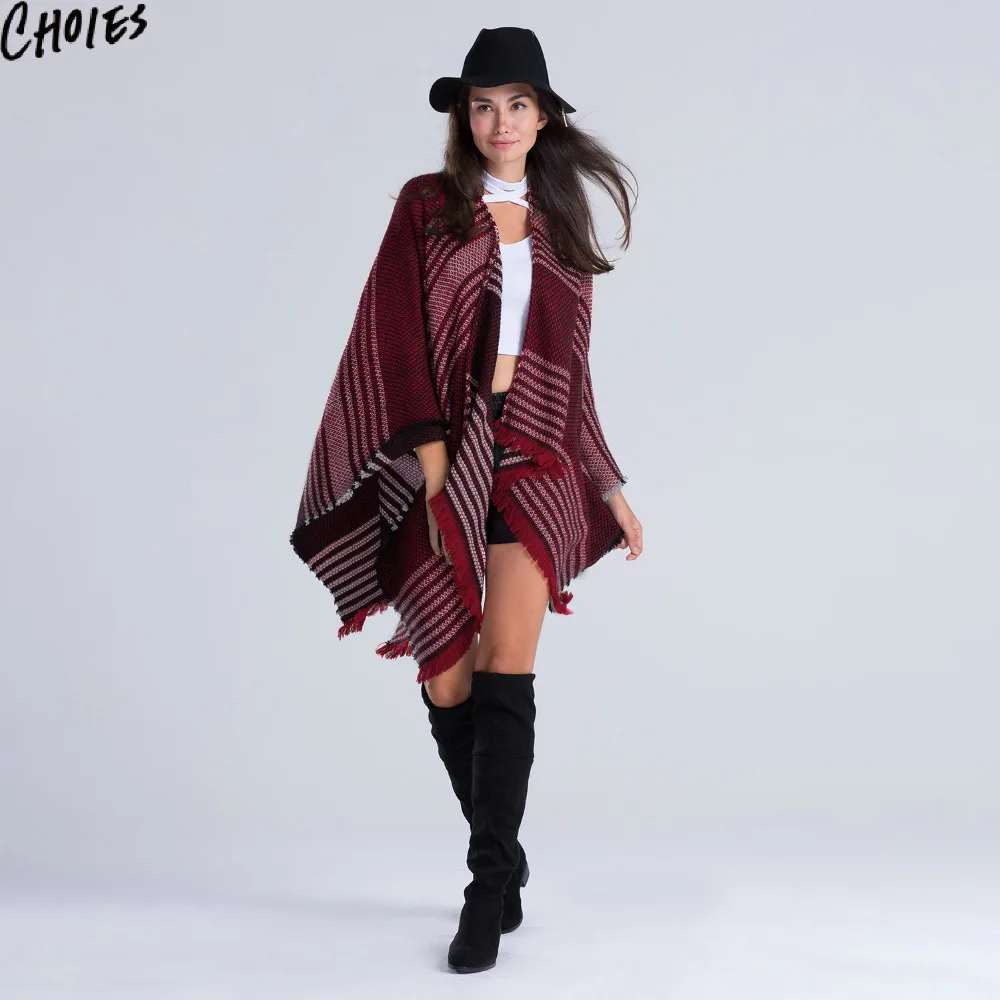 Women Fringed Pashmina Scarf Cape Red Striped Loose Casual Knitted Tassel Poncho 2016 Fall Winter New | Аксессуары для одежды