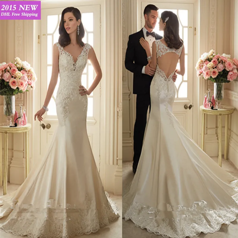 Vestido Де Noiva 2015 Русалка Свадебные Платья Цвета Слоновой Кости Кружева с Открытой