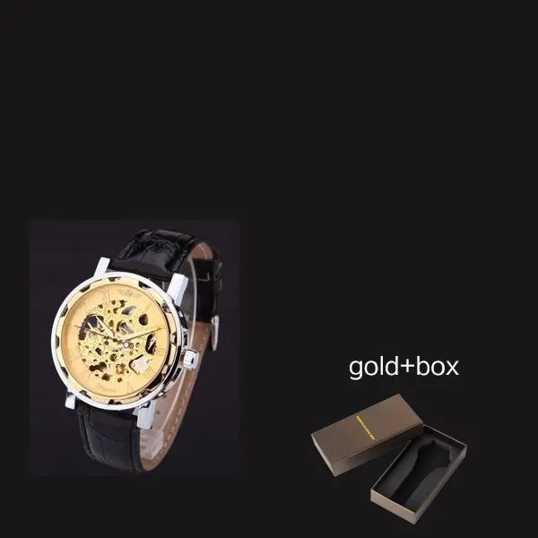gold box Новинка, Лидер продаж, механические Брендовые мужские часы-Скелетон с ручным заводом, Мужские модельные модные часы, стильные часы черного, золотого, синего цвета, кожаный ремешок - Цвет: gold box