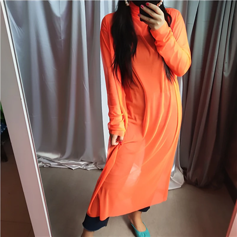 [EAM] New Autumn Winter High Collar Long Sleeve Black Mesh Perspective Colorful Long Big Size Dress Women Fashion JU790